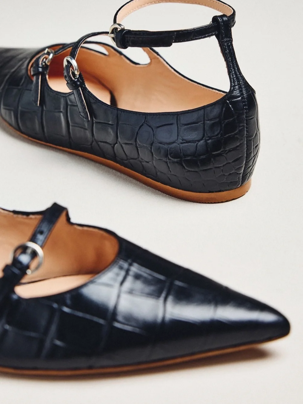 Anthropologie Black Croc-Embossed Pointed T-Strap Flats - Picture 3 of 6